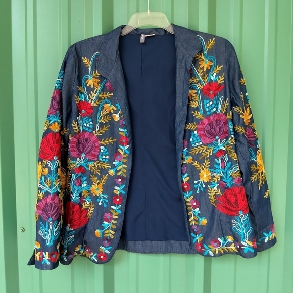 Women's Colorful Blue Floral Embroidered Jacket Size Small Embroidery Boho - Picture 1 of 11